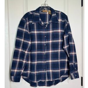 Wrangler Mens Flannel Shirt L/G Blue Plaid Long Sleeve Button Up‎ Cotton